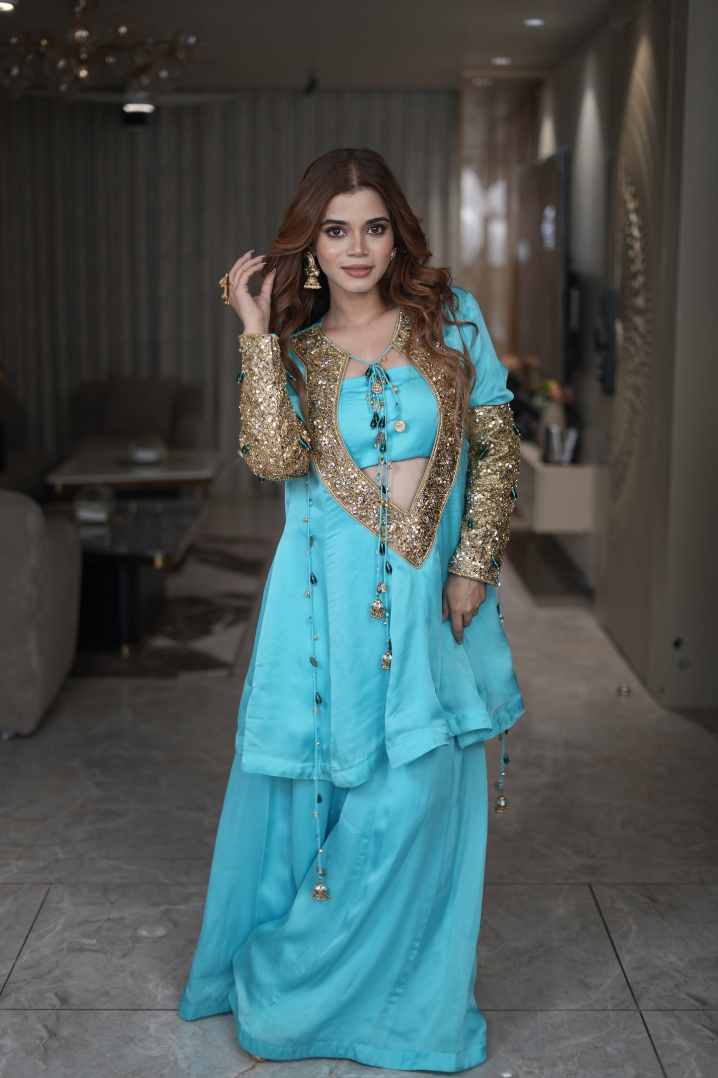 Aqua Noor Hand-Embellished Sharara Set