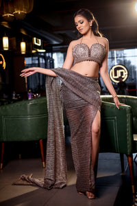 Bronze Embellished Metallic Drape Skirt Saree Set