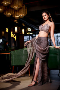 Bronze Embellished Metallic Drape Skirt Saree Set