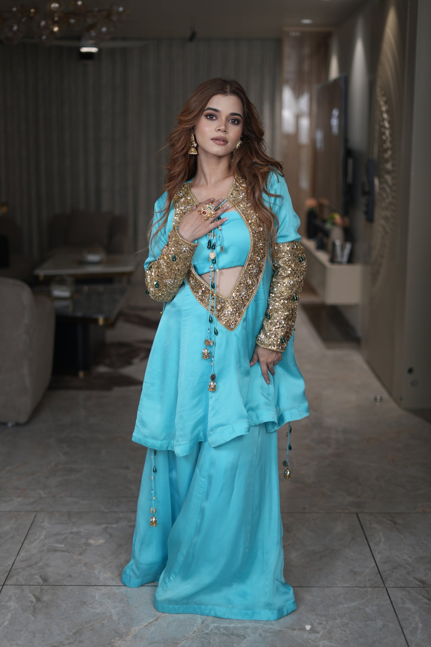 Aqua Noor Hand-Embellished Sharara Set