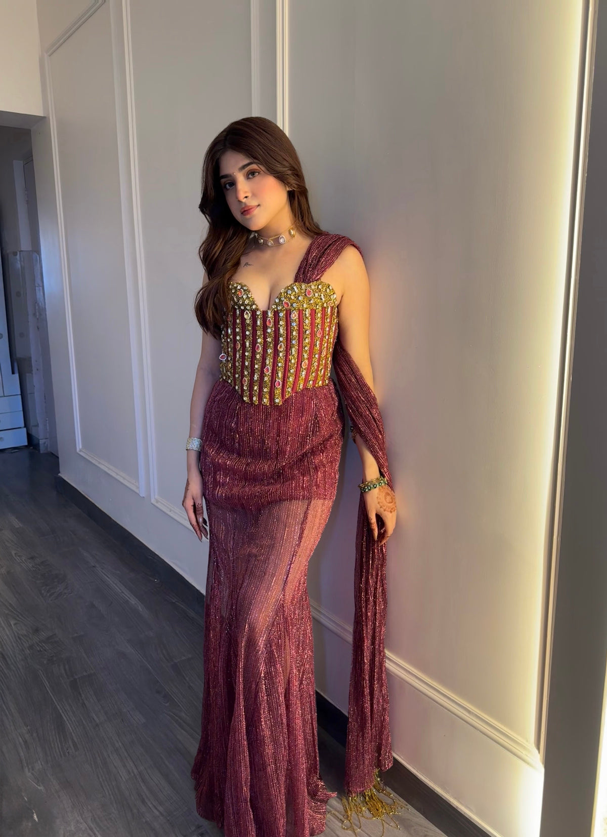 Garnet Red Stone Work Couture Gown