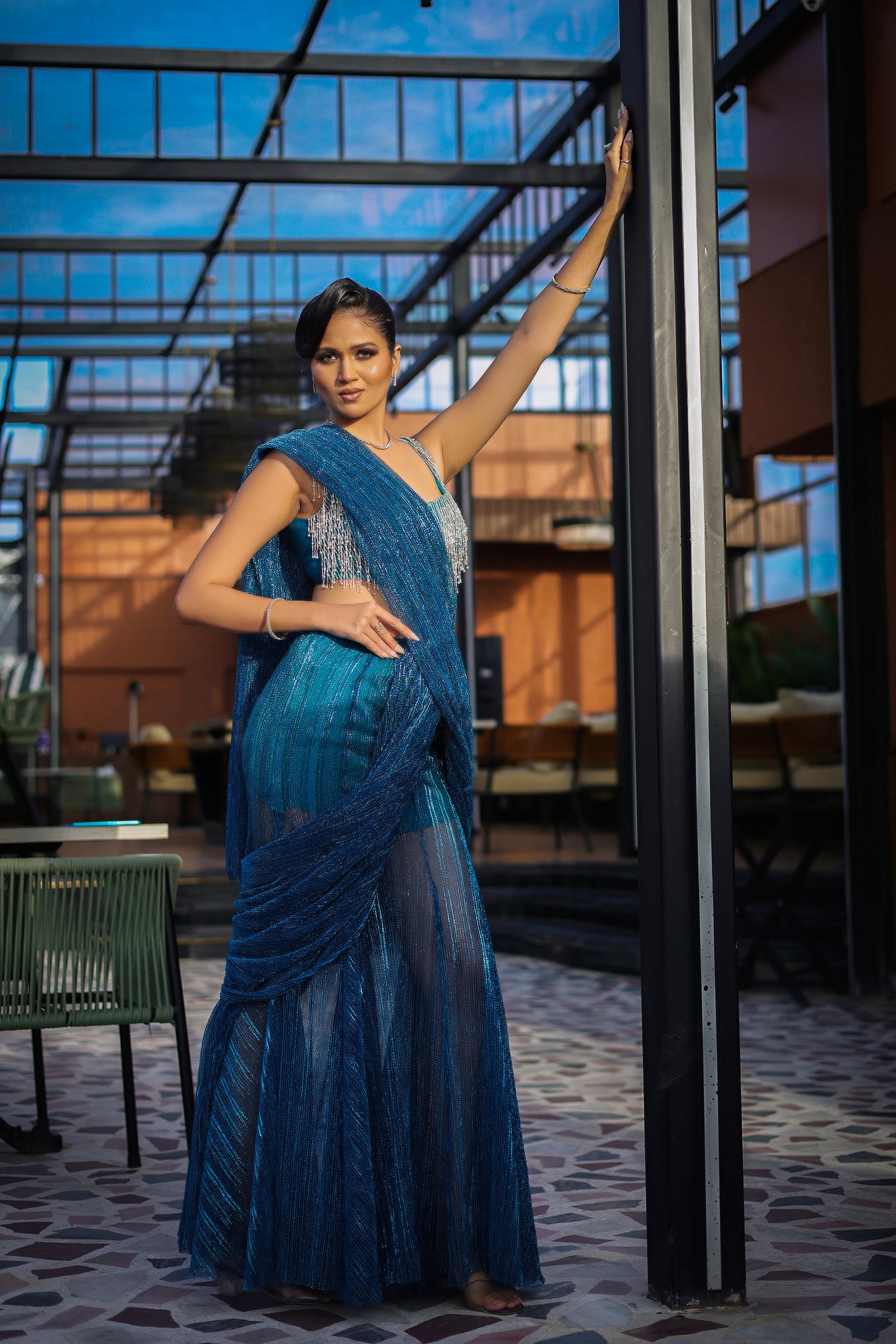 Teal Crystal Drape Skirt Saree Set