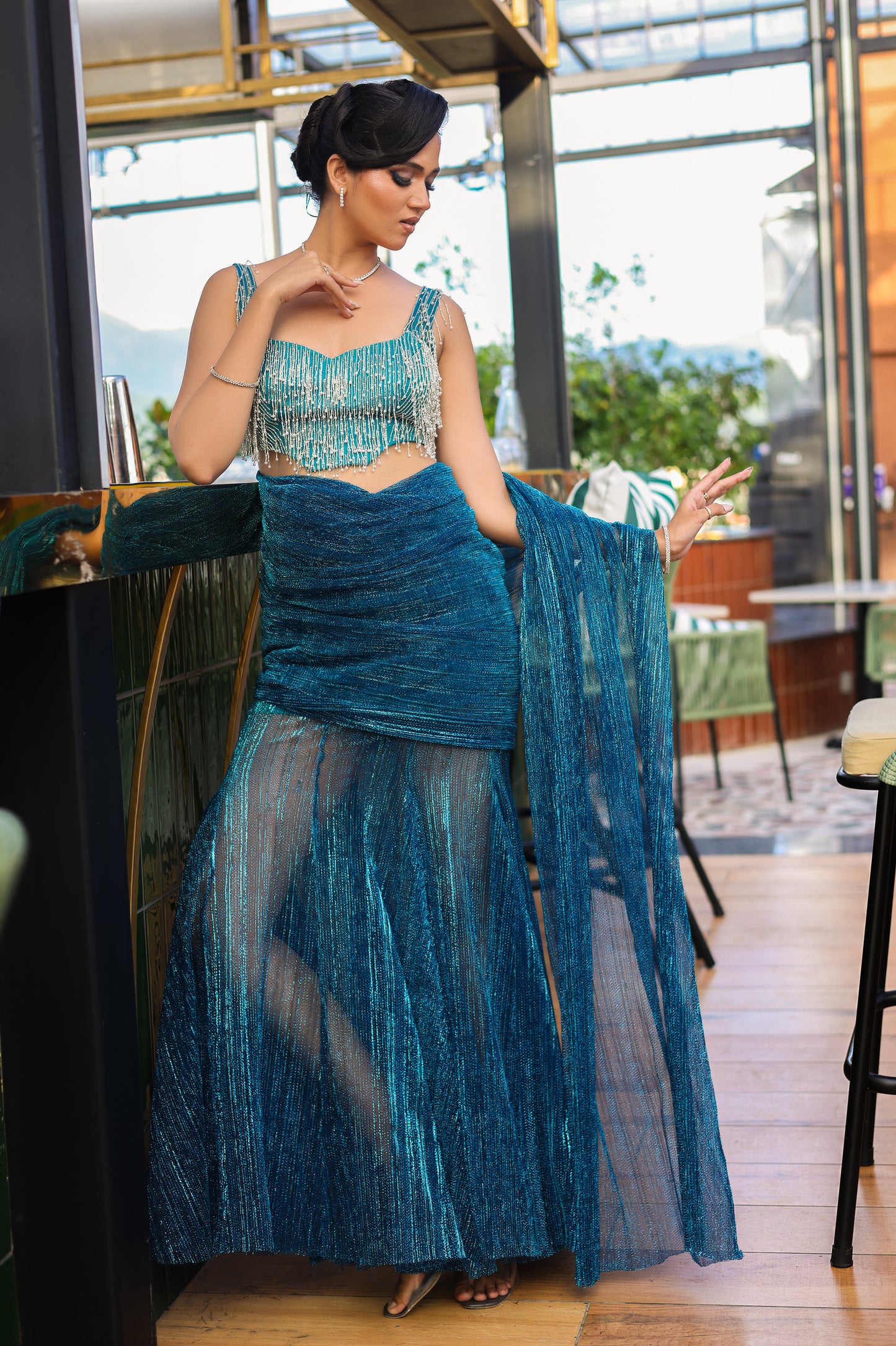 Teal Crystal Drape Skirt Saree Set