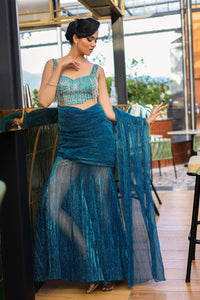 Teal Crystal Drape Skirt Saree Set
