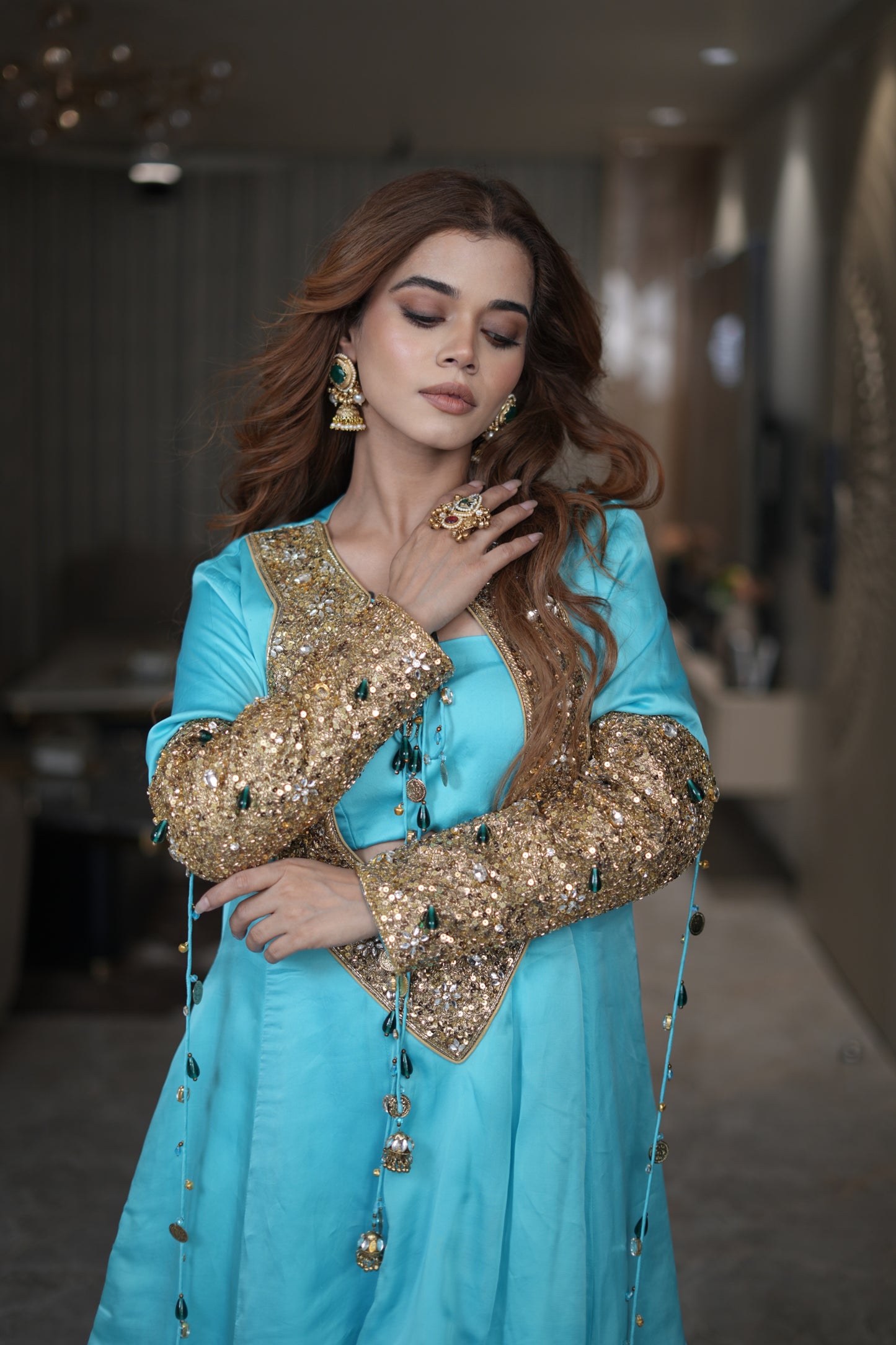 Aqua Noor Hand-Embellished Sharara Set