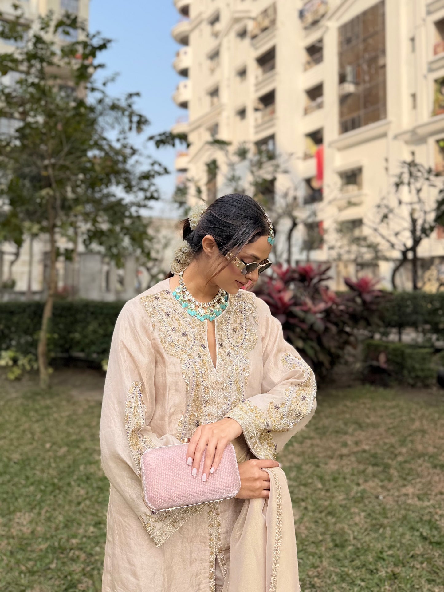 Ivory Hand-Embroidered Kurta Sharara Set with Dupatta