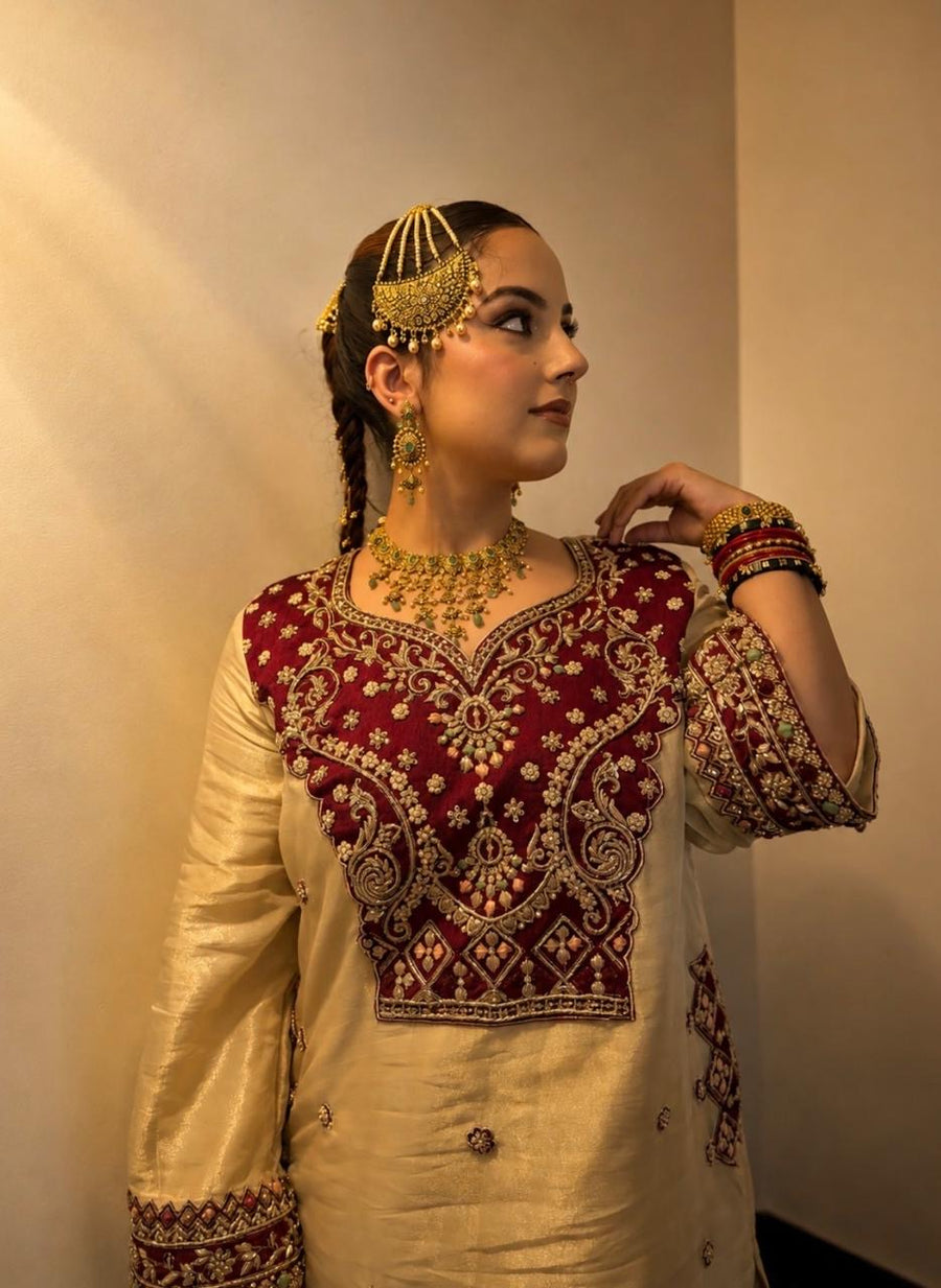 Mughal Heritage Glass Silk Suit with Zardozi Handwork