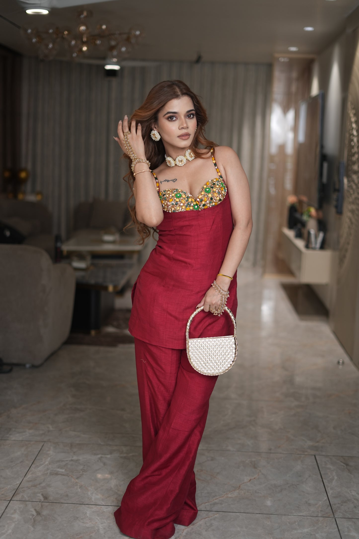 Crimson Royale Hand-Embellished Co-ord Set