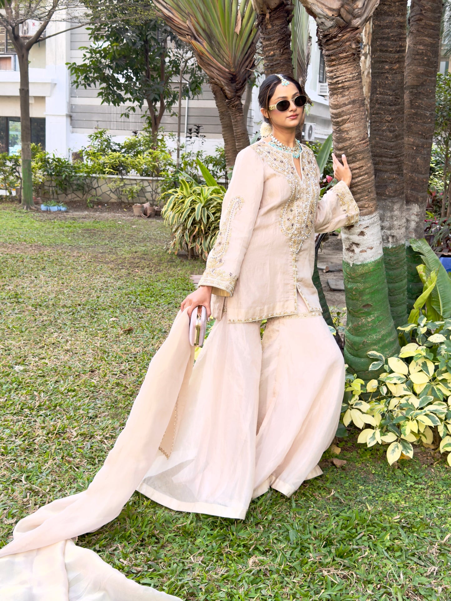 Ivory Hand-Embroidered Kurta Sharara Set with Dupatta