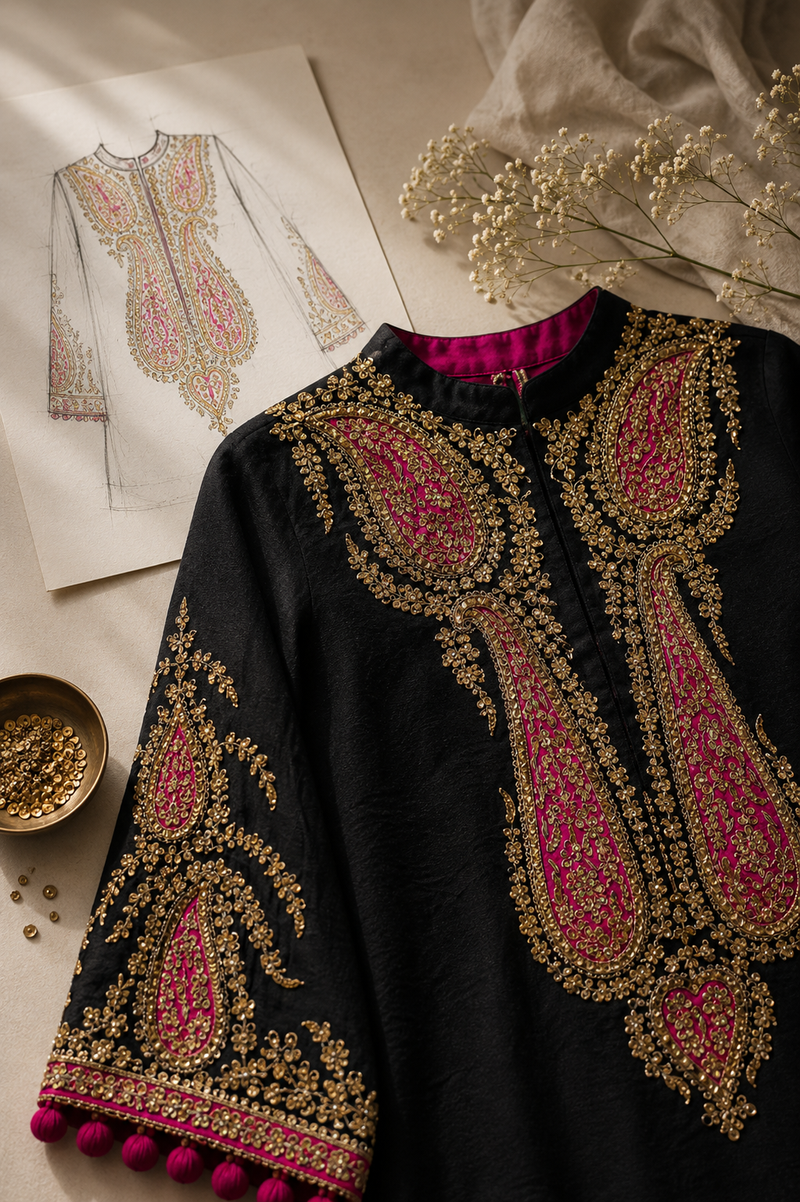 Midnight Noir Hand-Embroidered Kurta Set with Pants
