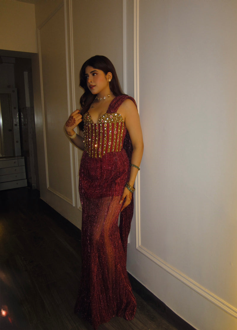 Garnet Red Stone Work Couture Gown