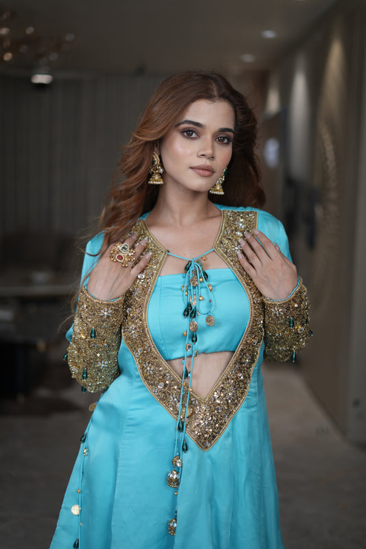 Aqua Noor Hand-Embellished Sharara Set