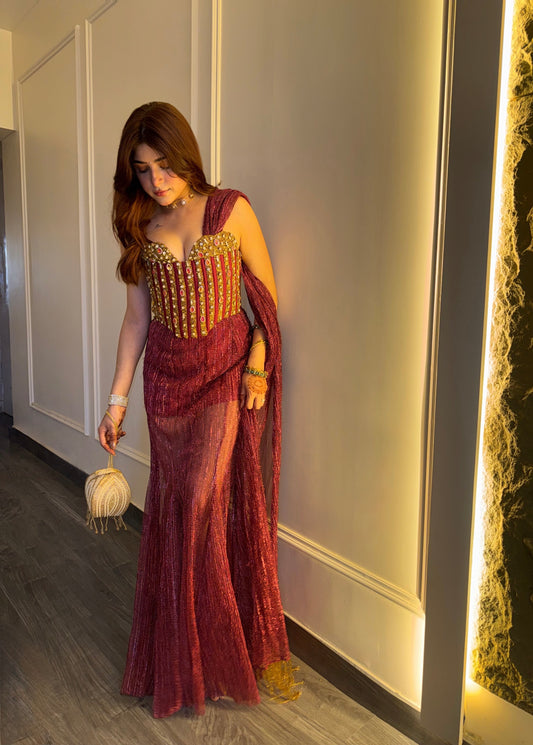 Garnet Red Stone Work Couture Gown