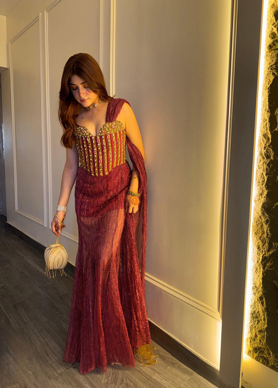 Garnet Red Stone Work Couture Gown