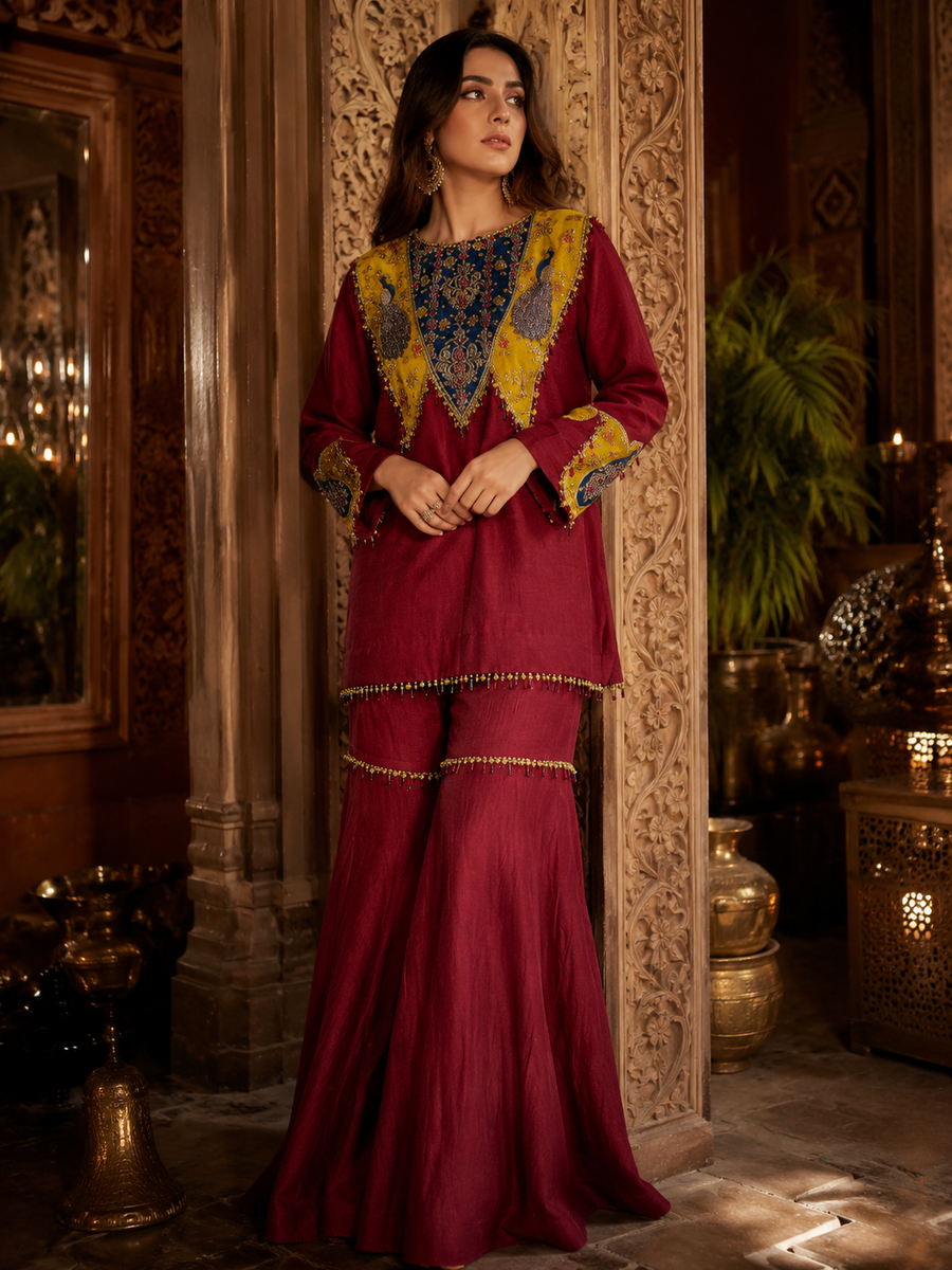 Rajwadi Mughal Handcrafted Kurta & Flared Pants Set
