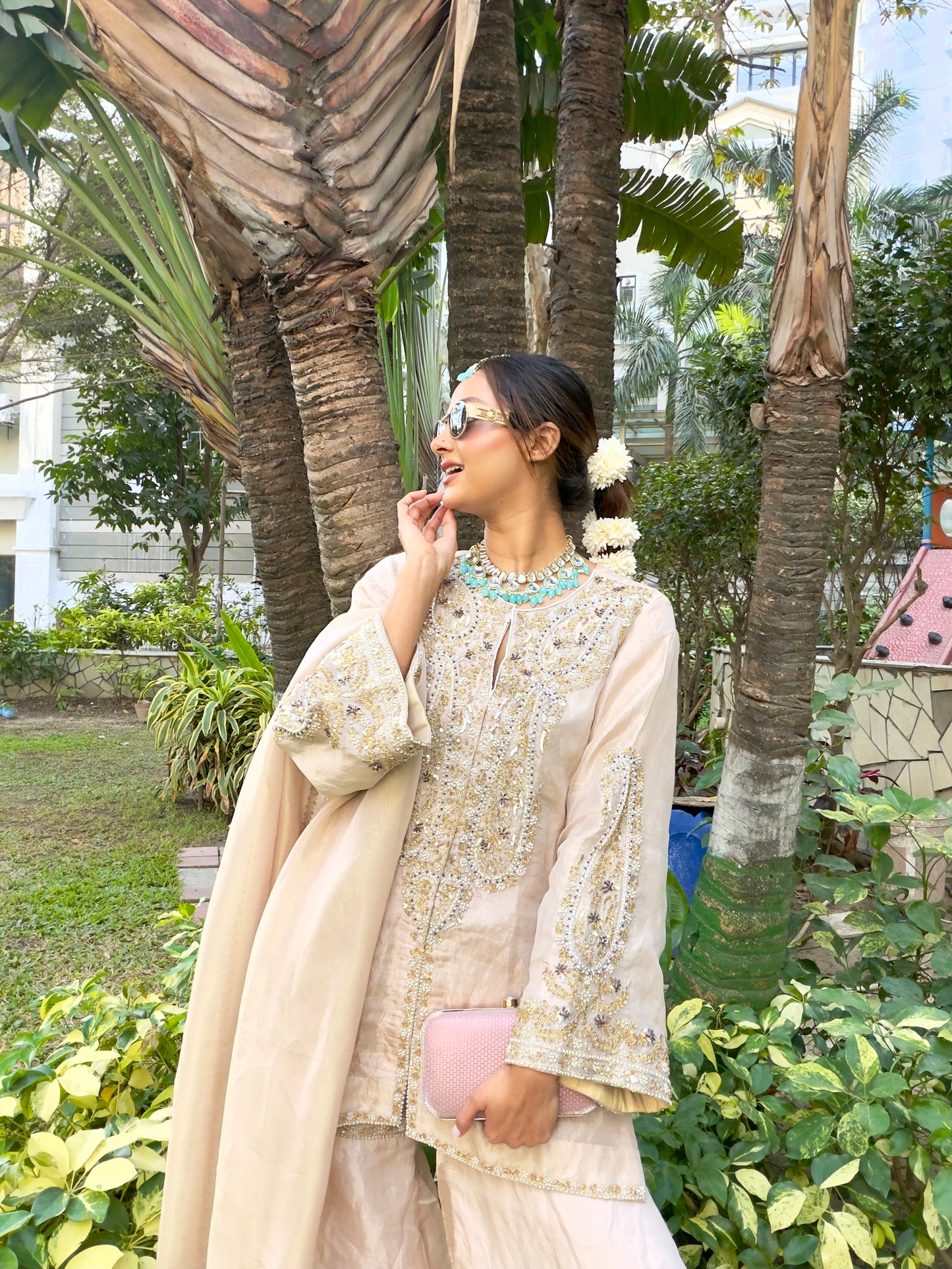 Ivory Hand-Embroidered Kurta Sharara Set with Dupatta