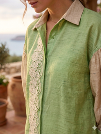 Olive Bloom Lace Panel Summer Cotton Shirt