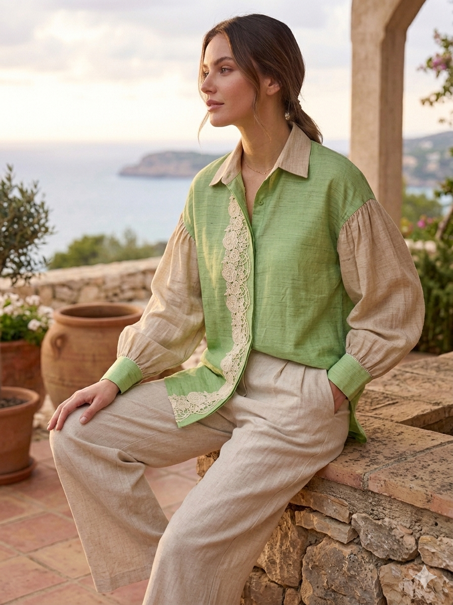 Olive Bloom Lace Panel Summer Cotton Shirt