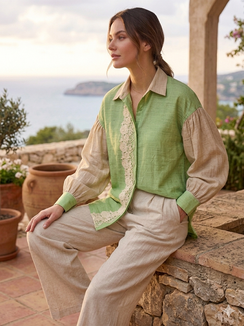Olive Bloom Lace Panel Summer Cotton Shirt