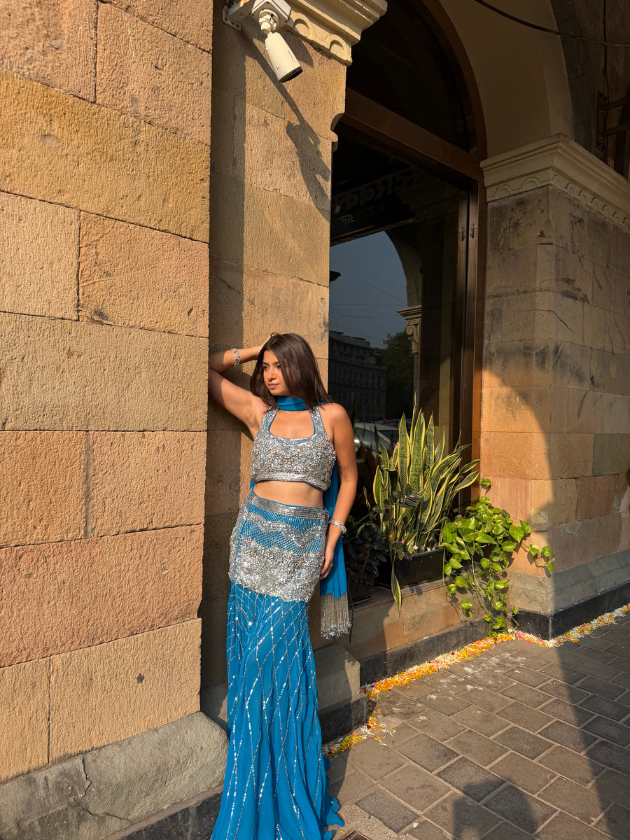 Jalpari In Teal Crystal Drape set