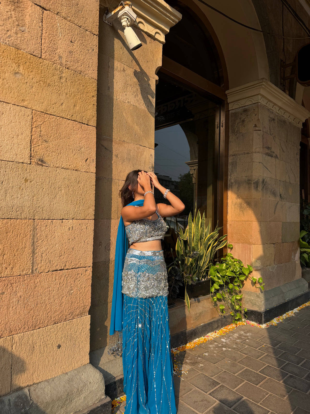 Jalpari In Teal Crystal Drape set