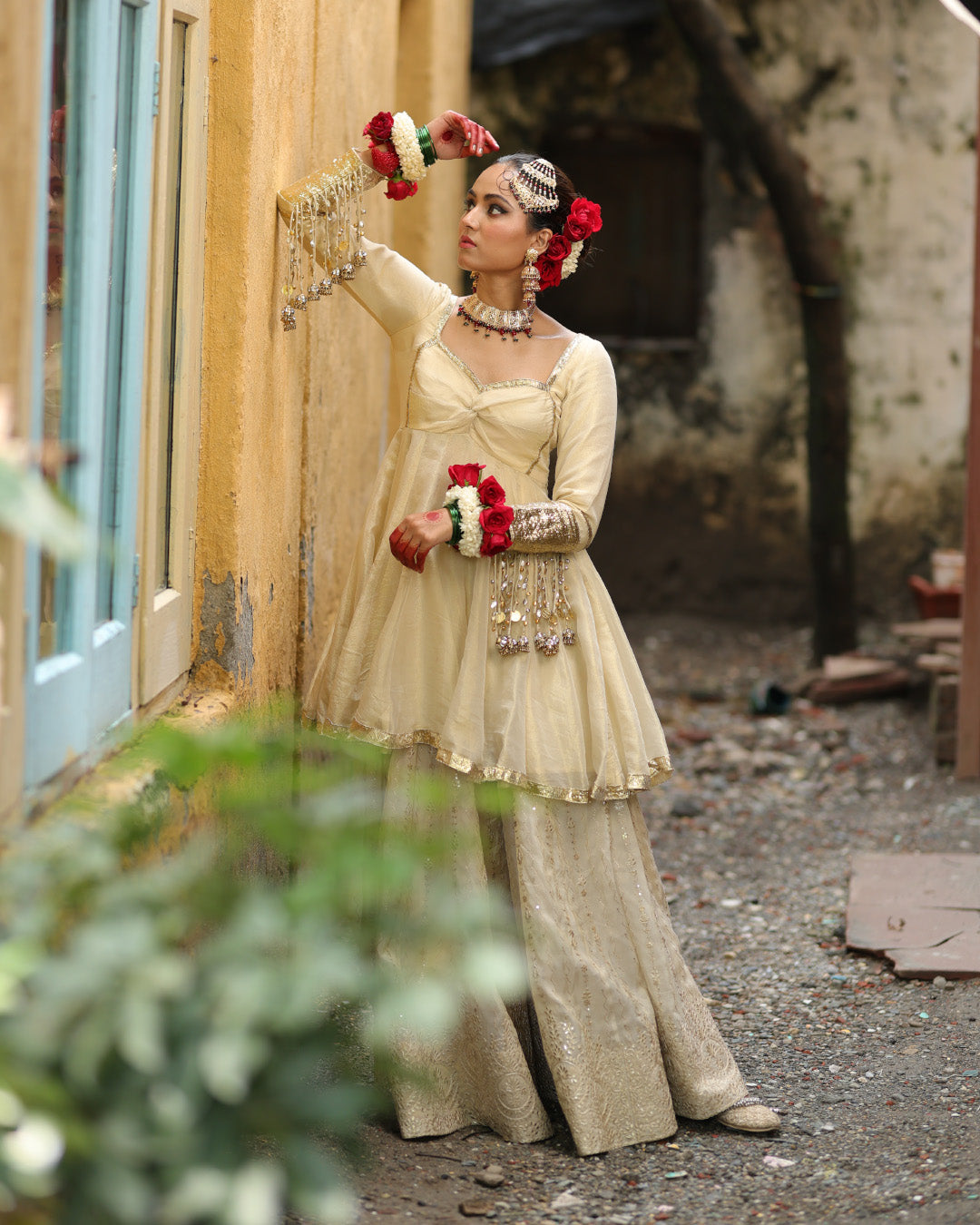 Gold Peplum Sharara Set